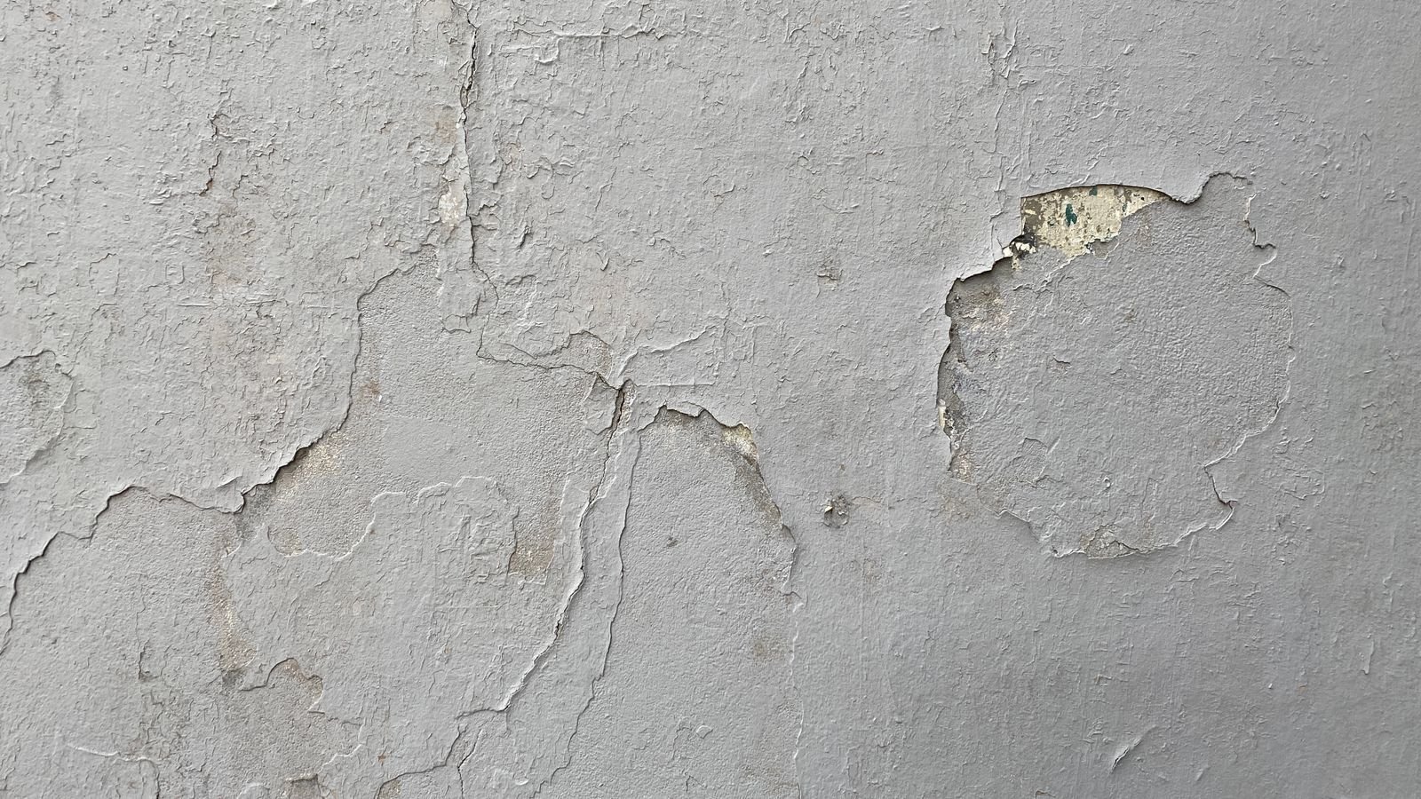 Détail d'un mur blanc parcouru de fissures fines et d'éclats d'enduit, texture granuleuse en lumière rasante.
